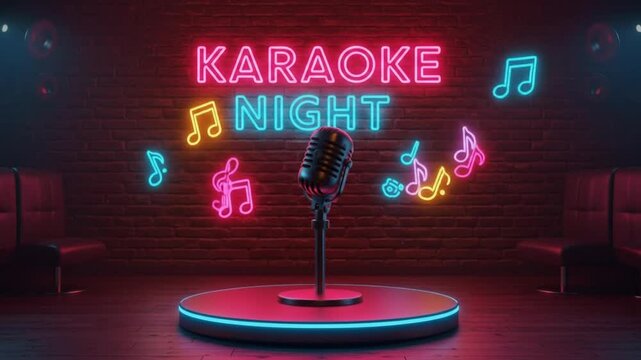 Neon Karaoke Night Stage with Microphone and Music Notes