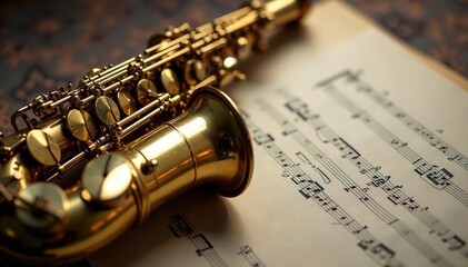 Naklejka premium Close-up shot of a saxophone, musical notes on sheet music, and vintage microphone , trumpet, rhythm, spotlight