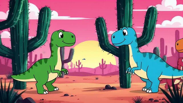 Cartoon Dinosaurs in Desert Landscape at Sunset