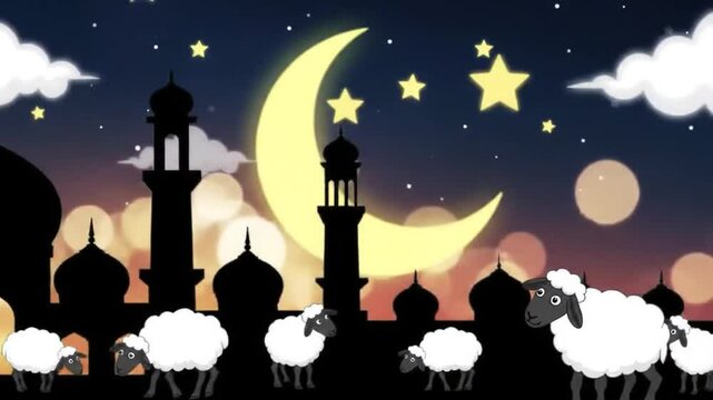 Nighttime mosque silhouette with sheep