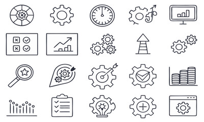 Fototapeta premium finance icons set gear, cog, cogwheel, business, analytics, data, statistics, chart, graph, diagram, settings, configuration, optimization, engineering, mechanism, icon, line art, monochrome, minimali