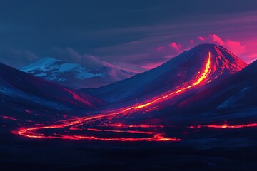 Volcanic eruption with lava flow landscape