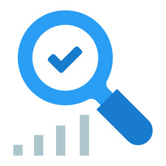 Proven Results Icon. Magnifying glass with checkmark and analytics bars for verified success and performance analysis.