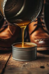 Golden liquid pouring from container onto leather boots