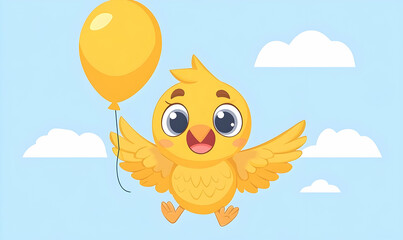A cheerful yellow bird soars through a light-blue sky, playfully holding a matching yellow balloon, surrounded by fluffy white clouds