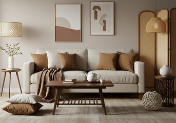 Neutral living room with sofa, coffee table, and decorative art