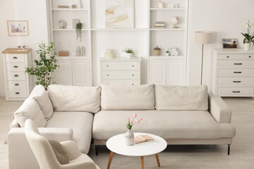 Comfortable sofa, armchair and side table in living room