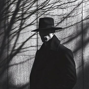 Fototapeta A mysterious figure in a hat stands against a textured wall, shadows play on the surface, creating an atmospheric and dramatic black and white portrait.