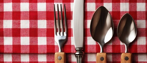 Overhead of Silverware Set on Red and White Gingham Checkered Tablecloth for Dining or Picnic Background