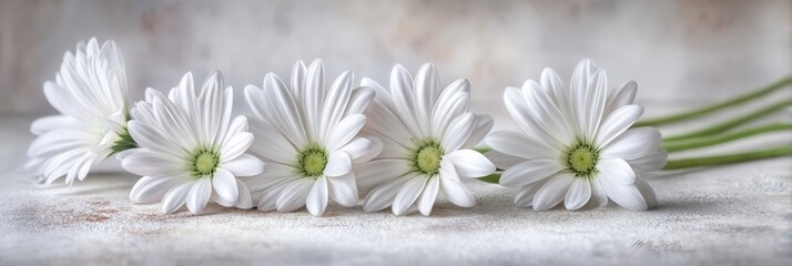 Obraz premium Elegant White Gerbera Daisies in Soft Light - Five pristine white gerbera daisies arranged delicately, symbolizing purity, peace, innocence, remembrance, and new beginnings. A soft, elegant