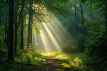 Obraz premium Photorealistic forest with sunbeams breaking through fresh green leaves