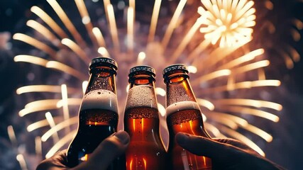 Celebrating with beer bottles raised high, surrounded by vibrant fireworks. A joyful moment perfect for festive occasions and gatherings.