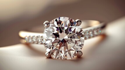 Closeup view of a dazzling diamond ring resting elegantly on soft beige silk fabric