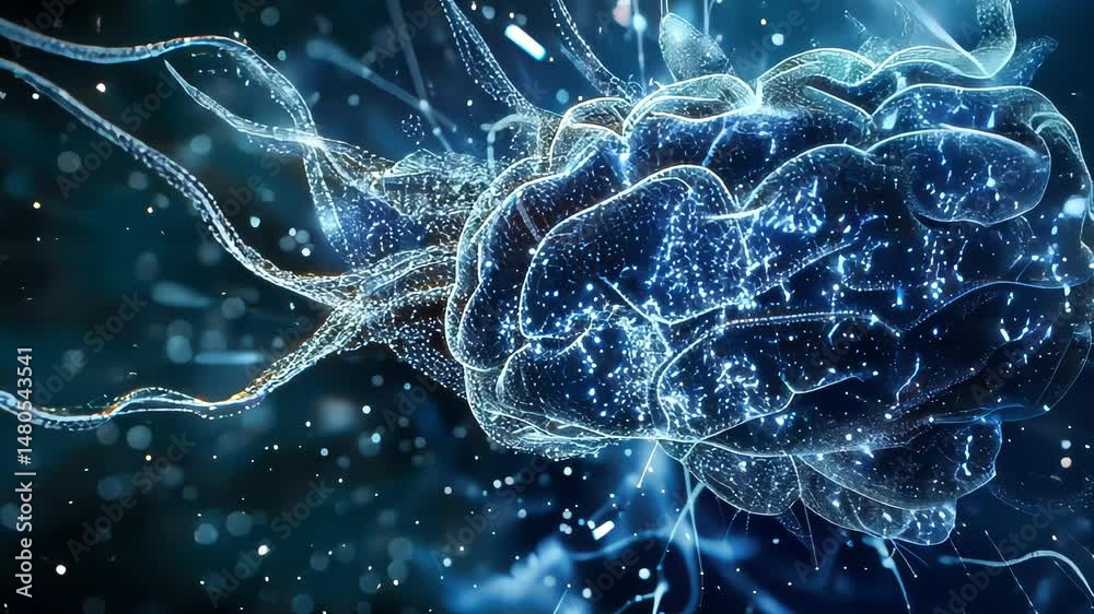Poster conceptual image of a glowing digital brain surrounded by illuminated neural pathways, set in a deep