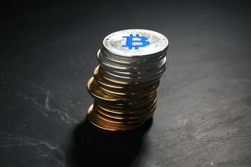 Cryptocurrency. Stack of bitcoins on black table, closeup