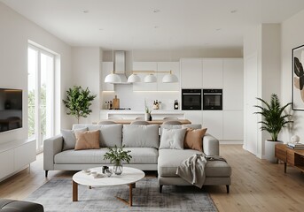 Bright living room with open kitchen and dining area in modern home interior