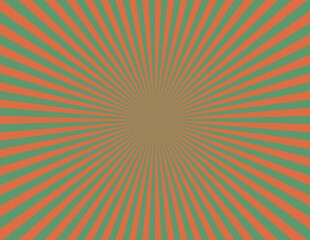Vibrant abstract art featuring a sunburst pattern of orange and green stripes emanating from the center. Ideal for creative projects, graphic design, or vibrant decorative backgrounds.