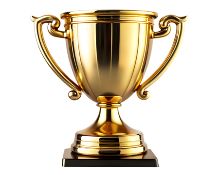 big gold trophy cup with handles isolated on white background, PNG