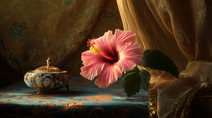 Pink hibiscus and ornate ceramic box on patterned teal and gold fabric