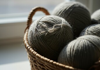 Soft gray yarn balls in a woven basket, illuminated by natural light near a window