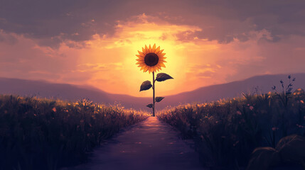 Solitary sunflower glowing at sunset on a peaceful path through a wild meadow