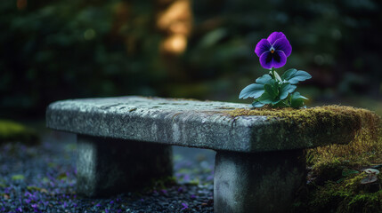 Violet pansy blooming by mossy stone bench in shaded tranquil garden path