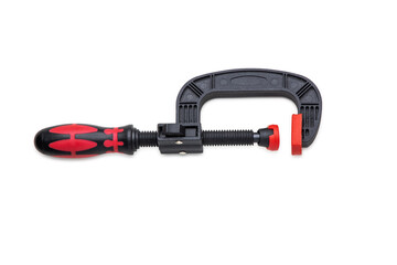 Black and Red Handheld C-Clamp Tool With Isolated White Background