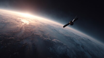 Satellite above Earth. Sun rays and space scene