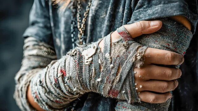 Close-up of a child arm wrapped in worn, tattered bandages with textured fabric and signs of wear