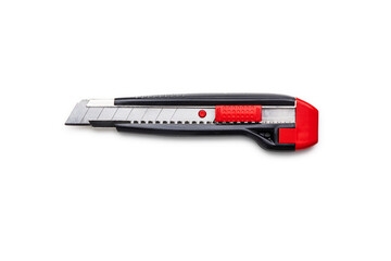 Red and Black Utility Knife with an Extendable Blade on White Background