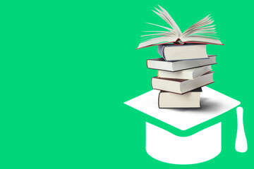 Graduate cap illustration and stack of books on green background, space for text
