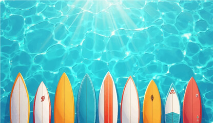 Vector illustration of multiple surfboards standing upright underwater with sunlight shining through the water surface.   © Ashraful