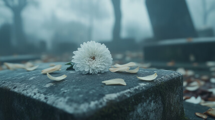 White chrysanthemum with scattered petals on a mossy tombstone in a foggy cemetery filled with silent headstones and blurred trees