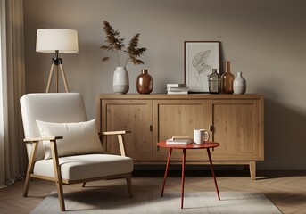 Cozy living room interior with armchair, cabinet, and side table