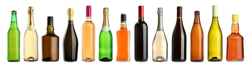 Bottles with different types of alcoholic drinks isolated on white, set