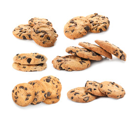 Yummy chocolate chip cookies isolated on white, collage