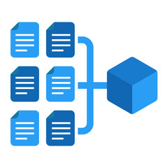AI Language Model Icon. Multiple text documents feeding into a model block representing large language model training, NLP data input, and text processing AI.