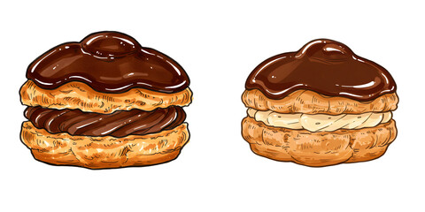 Two cream puffs with chocolate topping and different fillings on a black background illustration on transparent background