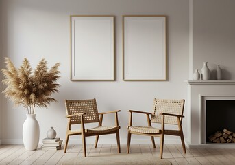 Living room interior with two chairs, pampas grass, and blank frames on the wall