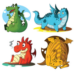 Obraz premium A cute set of funny cartoon dragons and monsters, including a green reptile and dino, showcases fun animal characters with smiles and wild charm