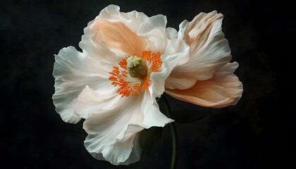 Close-up view of delicate, peach-and-white poppy blossoms.