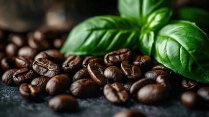 Obraz premium Coffee Beans with Fresh Basil Leaves