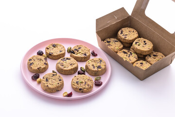 Tasty round homemade healthy biscuit made of oats, butter, nuts and dried fruits