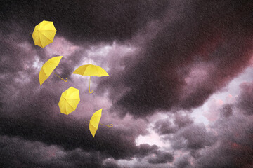 Yellow umbrellas flying in dark cloudy sky under heavy rain. Stormy weather