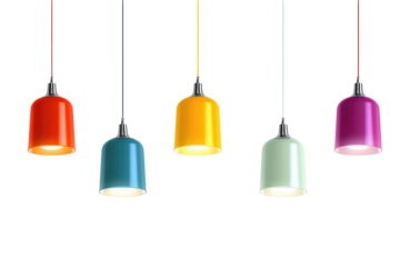 A vivid array of pendant lights showcasing red, blue, yellow, green, and purple against a black backdrop
