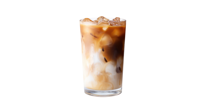 Iced latte in a tall glass with visible layers of coffee and milk on a black background is presented