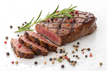 Grilled medium-rare steak with rosemary and peppercorns on white background