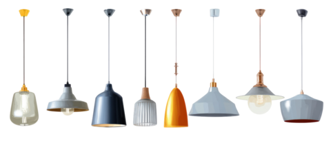 A collection of seven pendant lights with varying designs and colors against a black background space