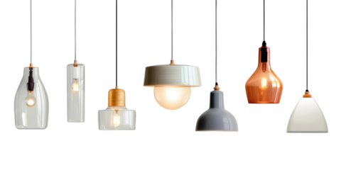 Assortment of pendant lights with various shapes and materials hanging against a dark background space