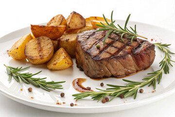 Grilled steak served with roasted potatoes and rosemary on a white plate